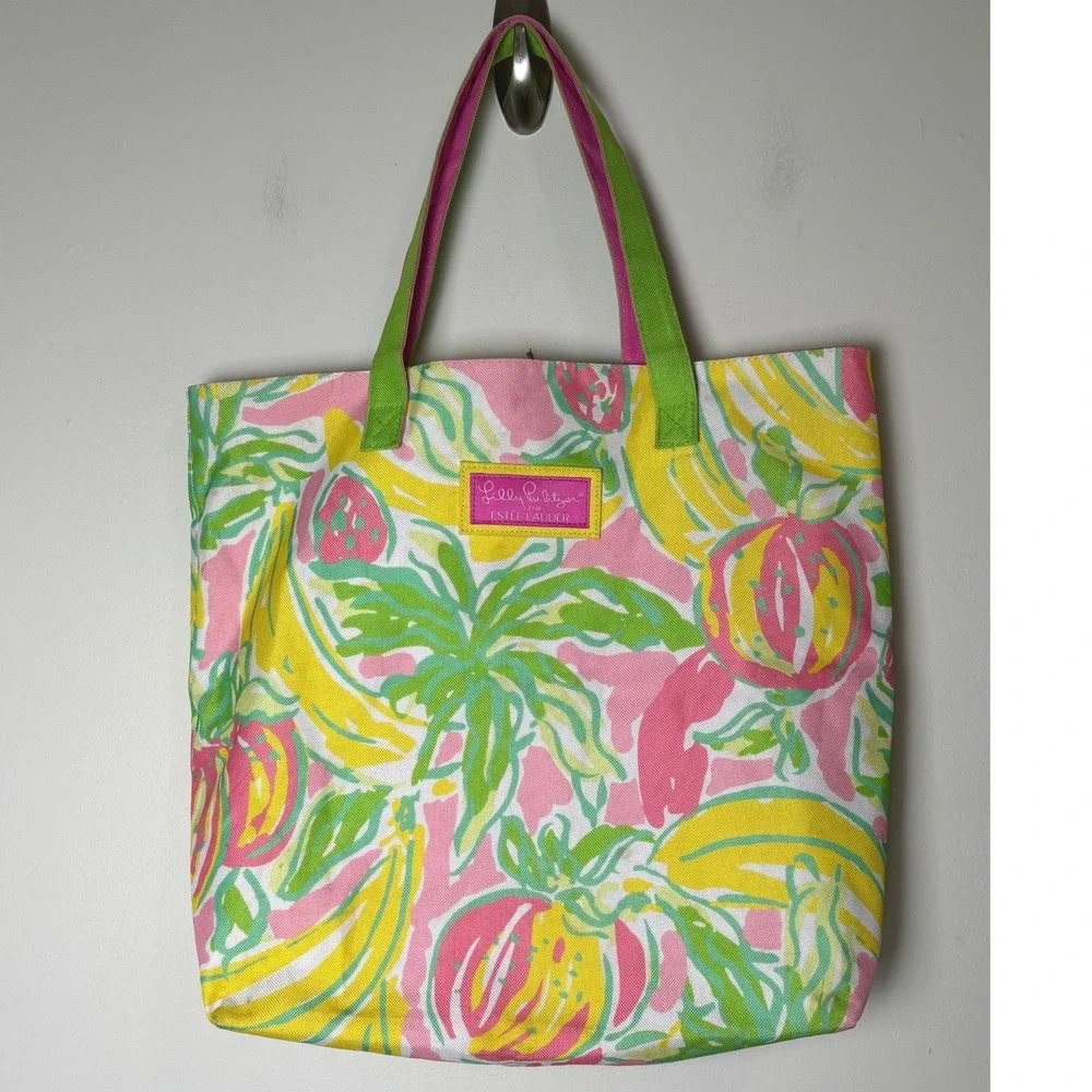 Lilly Pulitzer Estee Lauder Tote Bag Medium Tropical Fruit Print Canvas Beach